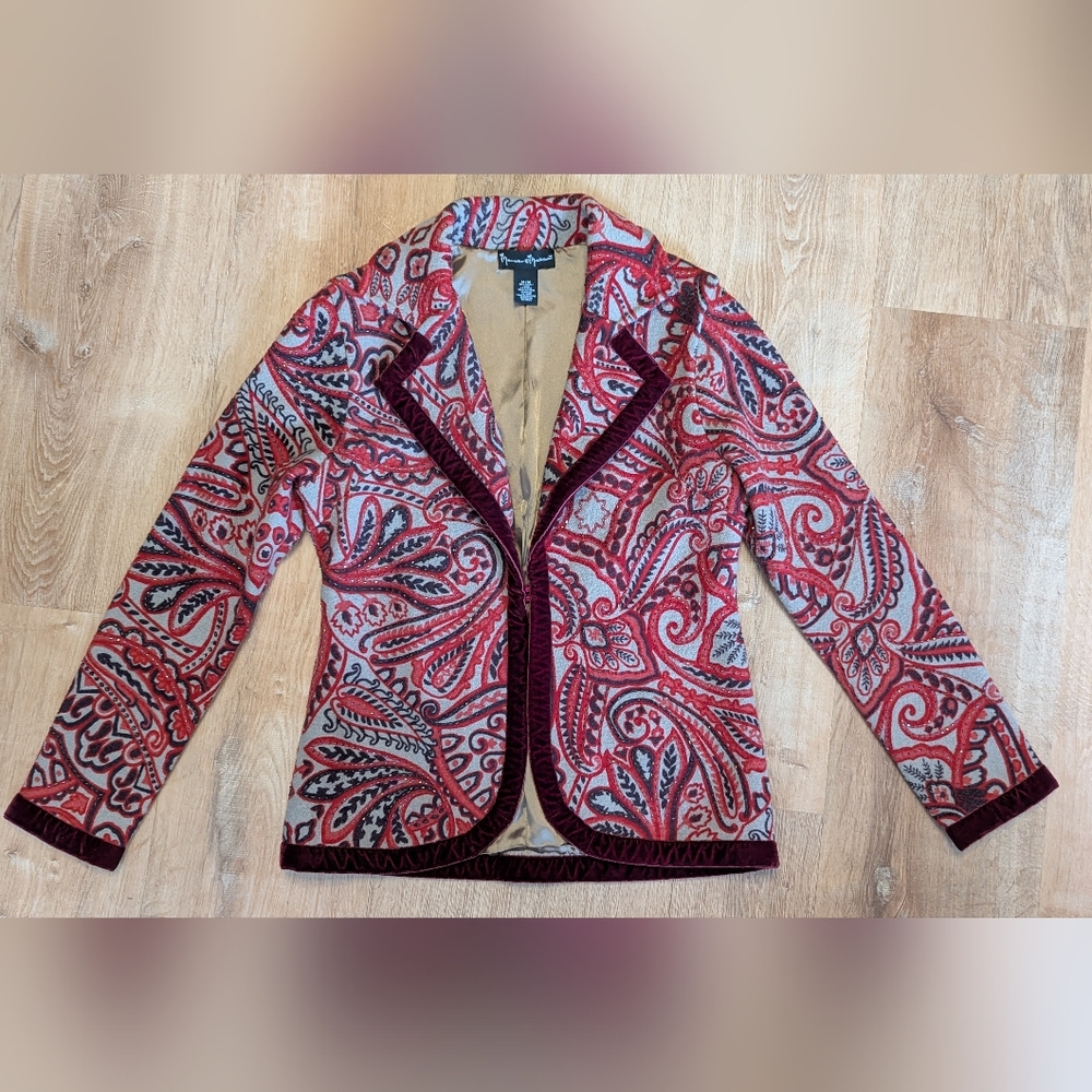 Mercer & Madison Wool Red and Black Beaded Paisley Blazer With Velvet Trim